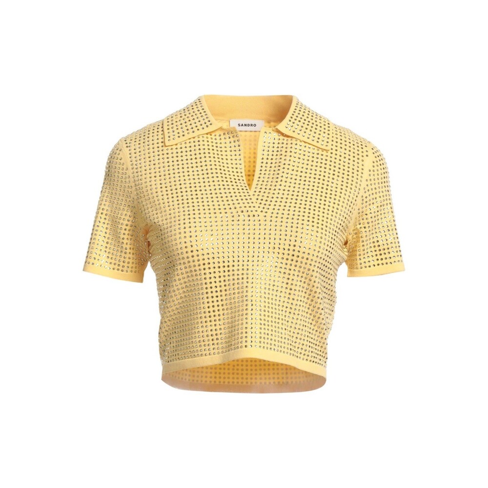 Sandro Paris NWOT Yellow Rhinestone Knit Top SZ S Collared Short Sleeve Cropped